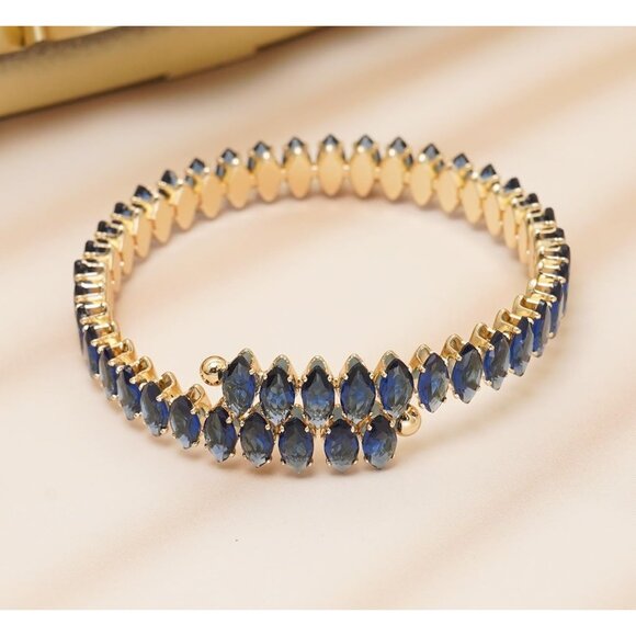 Gold Blue Rhinestone Cuff Bracelet Cubic Zirconia Tennis Bracelets for Women - Picture 5 of 7